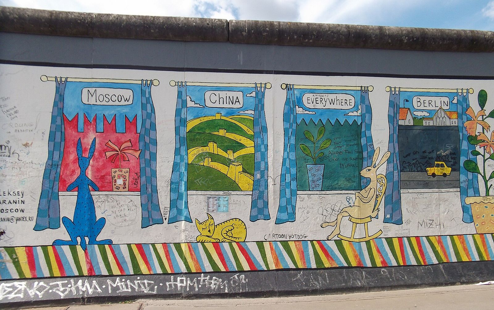 Wandbild „Mauern international“ von Alexej Taranin an der East Side Gallery: gemalte Fenster mit den Aufschriften Moscow, China, Everywhere und Berlin